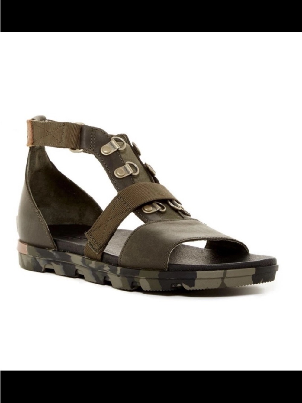 Sorel Sandals Womens 8.5 Camo Sole Strappy Comfort Green Leather Avant Garde